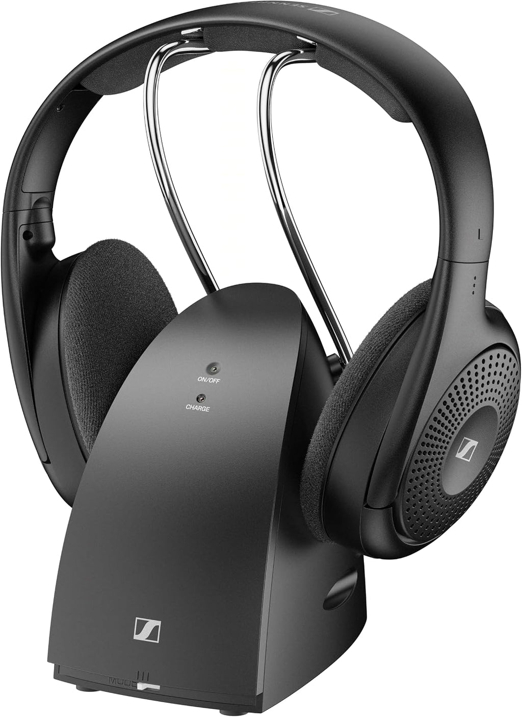 Sennheiser RS 120-W On-Ear Wireless Headphones for Crystal-clear TV Listening with 3 Sound Modes, Lightweight Design, Easy Volume Control, 60 m Range and Convenient Transmitter/Charger Combo - Black
