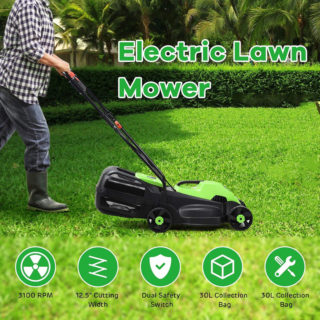 Happygrill Lawn Mower 13-Inch Electric Lawn Mower, Handle Push Corded Lawn Mowers with Grass Bag, Folding Handle, Adjustable Cutting Height for Garden Yard, 12 Amp,Green