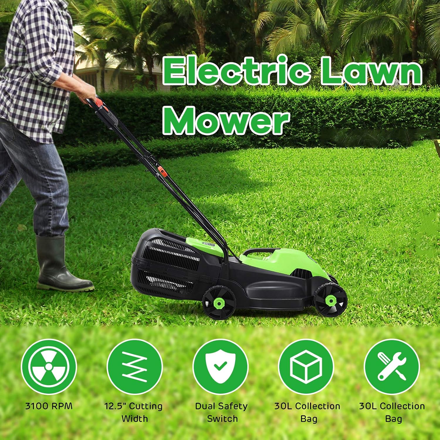 Happygrill Lawn Mower 13-Inch Electric Lawn Mower, Handle Push Corded Lawn Mowers with Grass Bag, Folding Handle, Adjustable Cutting Height for Garden Yard, 12 Amp,Green
