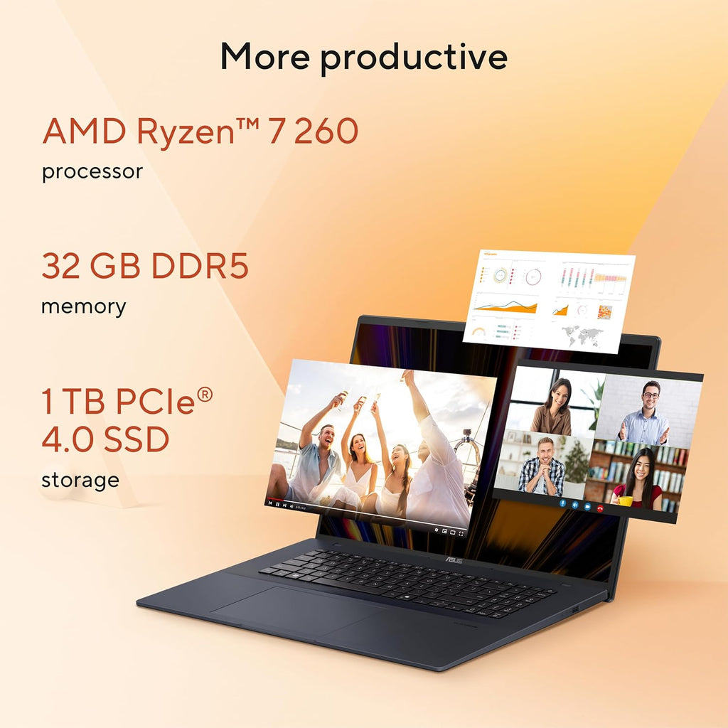 ASUS Vivobook 18 Laptop, 18' WUXGA 144Hz Display, AMD Ryzen 7 260 with XDNA NPU, AMD Radeon Graphics, 32GB RAM, 1TB SSD, Quiet Blue, M1807HA-DB79