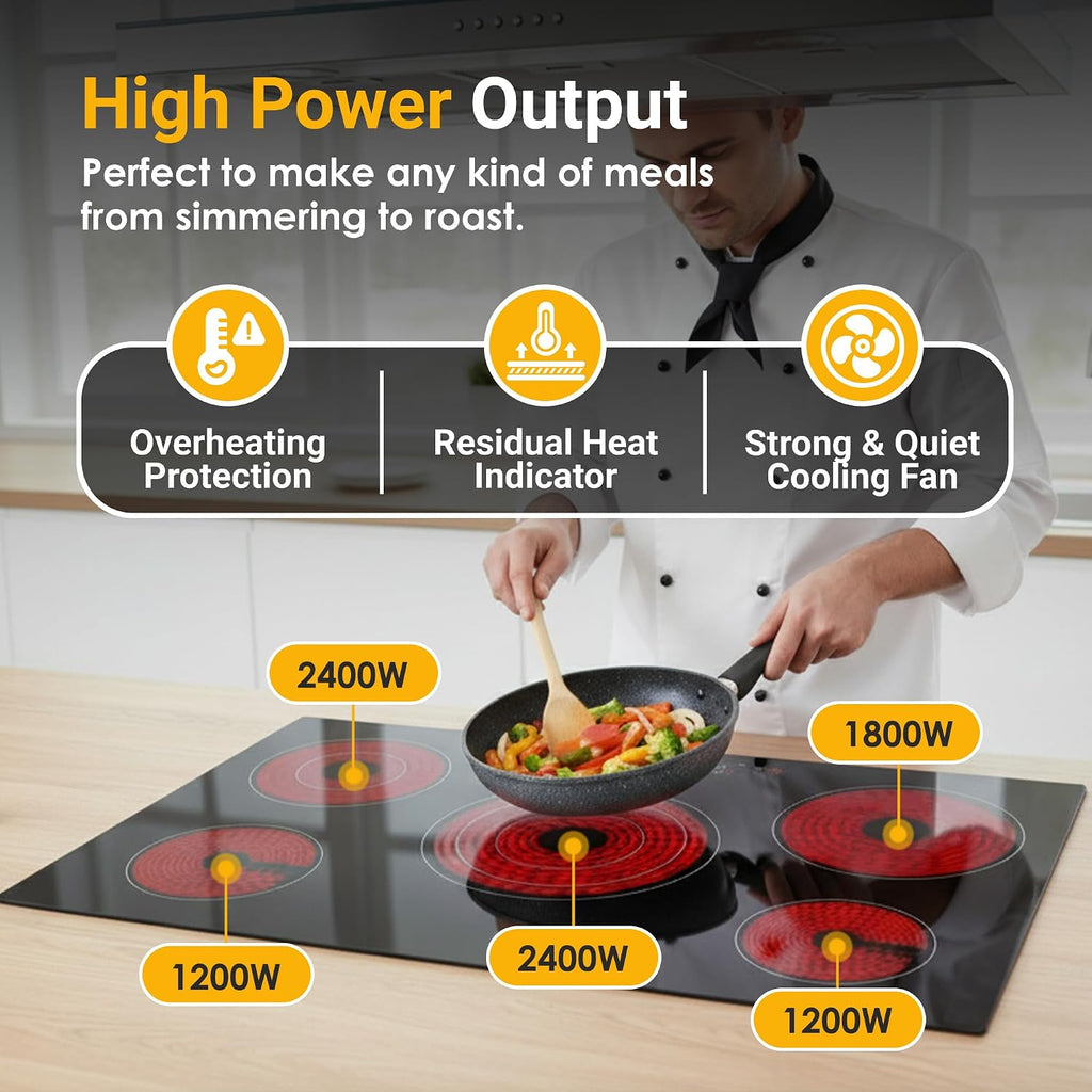 K&H 5 Burner Electric Cooktop - 30 Inch Built-In Radiant Ceramic Stove Top - 9 Power Levels & Touch Control, Compatible with All Cookware, 240V, 9000W High-Power Built-in Electric Stove, CE30-8808NF
