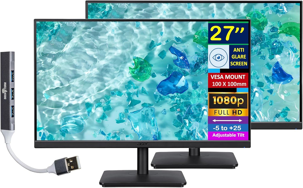 acer 27' FHD IPS Monitor with 4ms Response Time, Anti Glare, VESA Mount (100mm), VGA, HDMI & DKZ USB Port Expander, Black Color 2 Pack