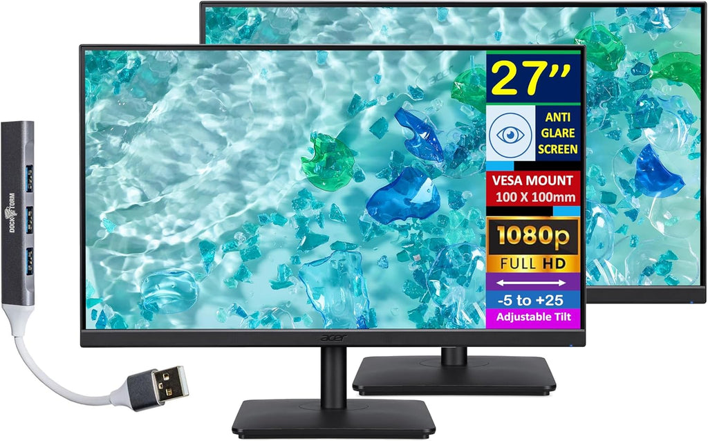 Acer 27' FHD IPS Monitor with 4ms Response Time, Anti Glare, VESA Mount (100mm), VGA, HDMI & Dockztorm Hub, Black Color 2 Pack