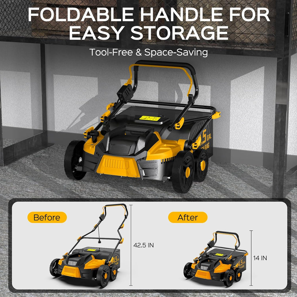 TIECTOWN 2026 Upgrade 16-Inch 15.5 Amp 2-in-1 Electric Dethatcher and Scarifier with 14.5-Gallon Collection Bag, Lawn Dethatcher with 5-Position Depth Adjustment, Keeps Lawn Healthy - Yellow