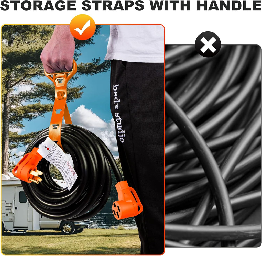 30FT 50 Amp RV Extension Cord Outdoor with Grip Handle, 125/250V, 12500W, 4 Prong, Heavy Duty 6/3+8/1 Gauge STW, NEMA 14-50P to 14-50R with Cord Organizer, UL&ETL Listed