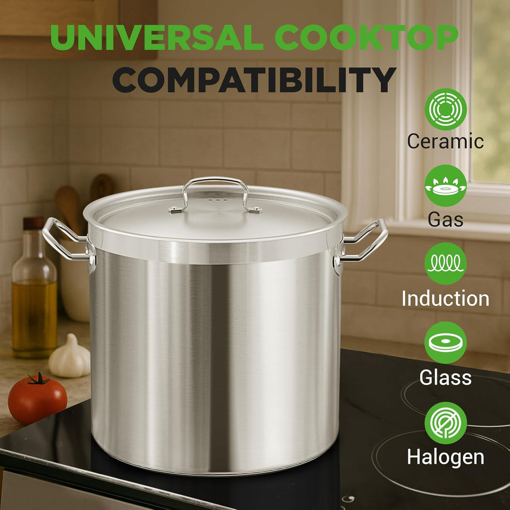 Nutrichef Stainless Steel Cookware Stockpot, 35 Quart Heavy Duty Induction Soup Pot With Stainless Steel Lid And Strong Riveted Handles, Even Heat Distribution, Compatible With Most Cooktops