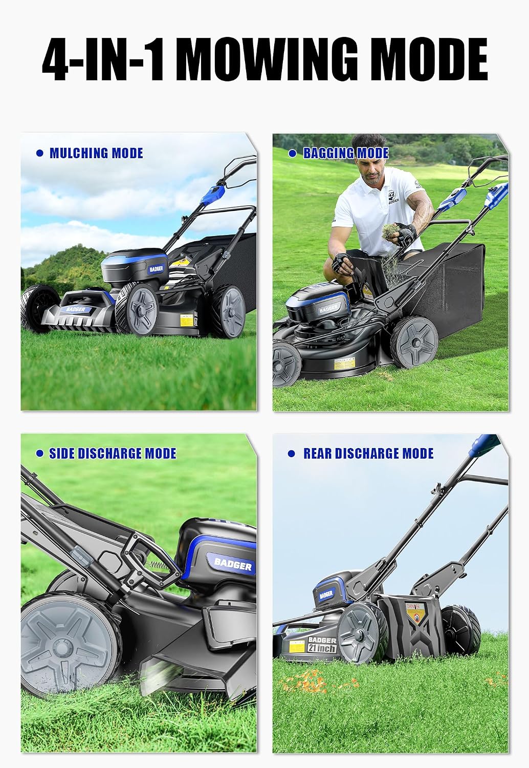 Wild Badger Power 40V 21″ Cordless Lawn Mower Brushless, 6,534 sq ft/0.15 ac, 2×4.0Ah Batteries & Fast Charger, 7-Position Heights,for Medium-to-Large Lawns