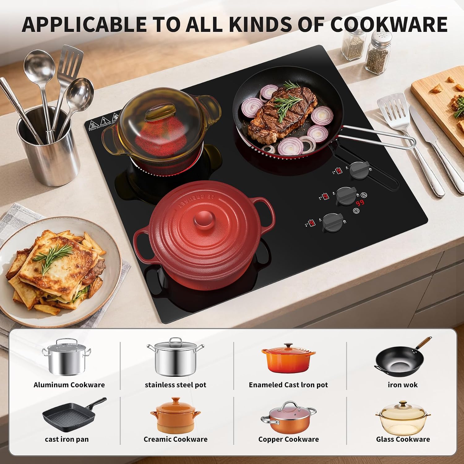 VBGK Electric Cooktop,24 inch 220V Electric Stove Top,Touch and Knob Control,LED,9 Power Levels, Kids Lock &Timer,Overheat Protection,5000W 3 burner cooktop.