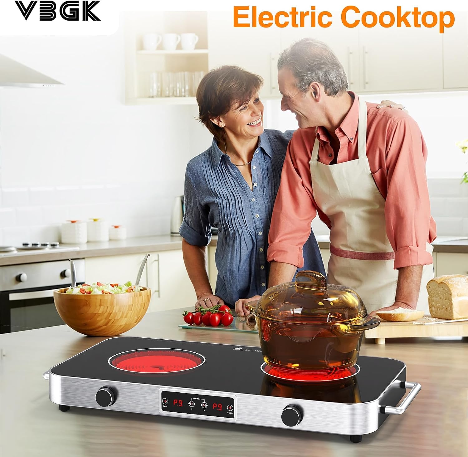 VBGK Cooktop,110V 2200W Stove with Knob Control,9 Power Levels, Kids Lock & Timer,LED touch control,Overheat Protection Stove Top,12 Inch desktop 2 burner cooktop