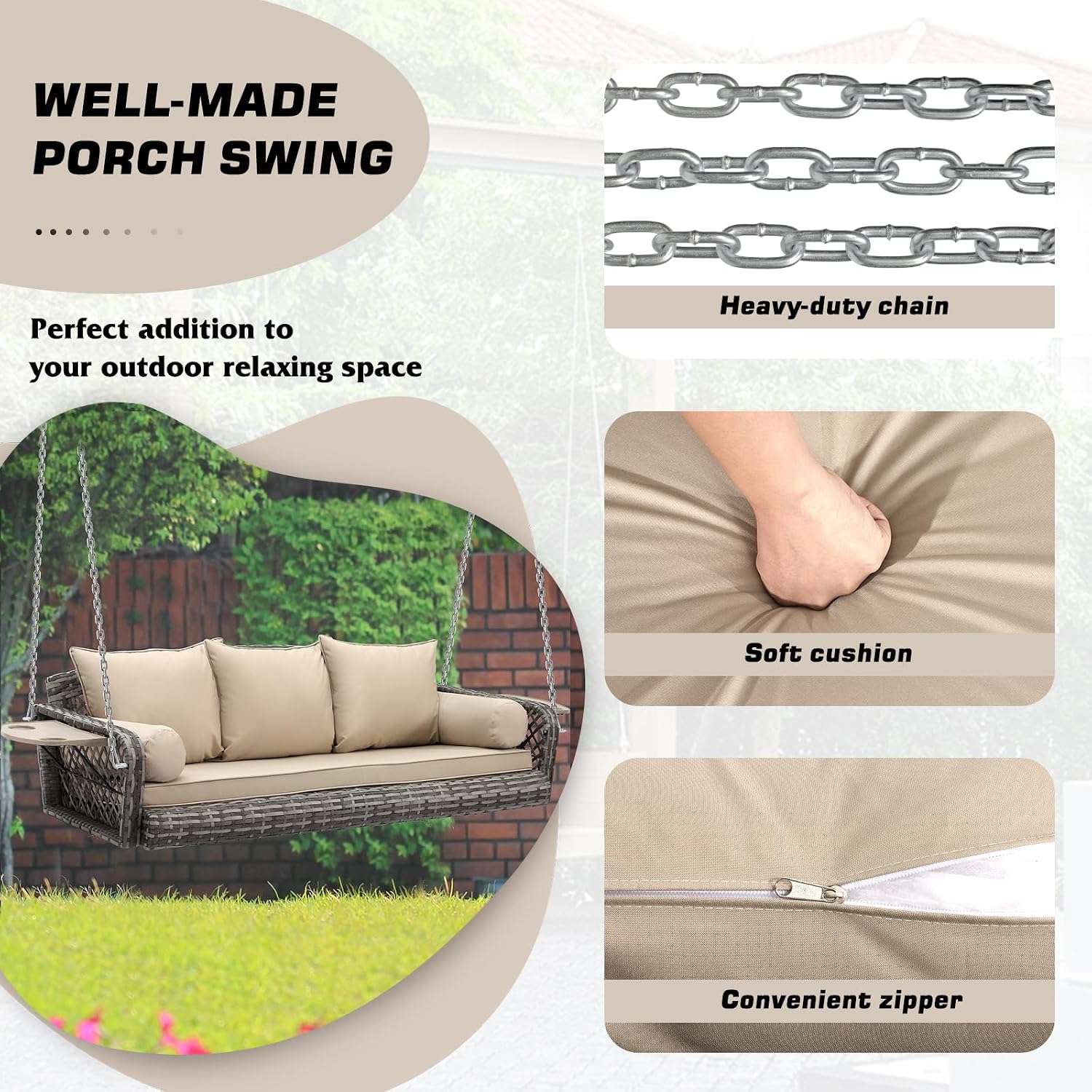 Grepatio 3 Person Porch Swing Patio Wicker Hanging Porch Swing Chair Outdoor Rattan Swing Bench with Cushion and Pillow for Garden, Yard, Lawn (Gray Rattan Khaki Cushion)