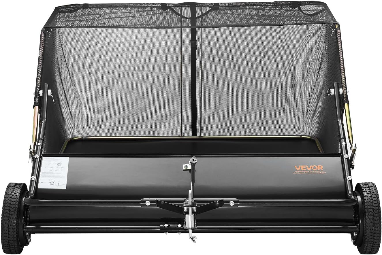 VEVOR Tow Behind Lawn Sweeper, 48 in Pull Behind Yard Sweeper, 26 cu. ft Hopper Bag Capacity, Leaf & Grass Collector with Dumping Rope, Adjustable Sweeping Height, Garden Sweepers for Lawn Farm