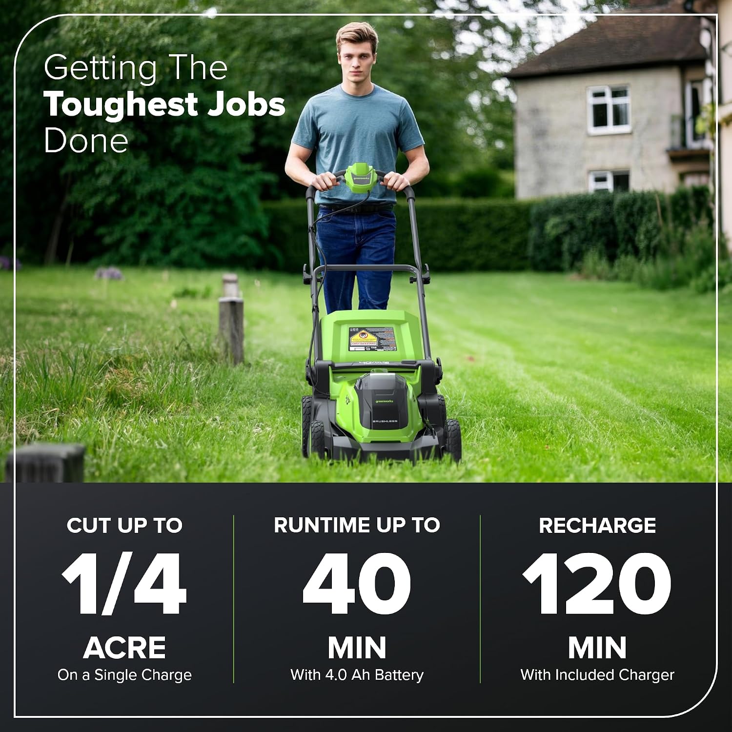 Greenworks 40V 17' Cordless Lawn Mower – Brushless Motor, 4.0Ah Battery & Charger (75+ Compatible Tools), 2-in-1 Mulch/Bag