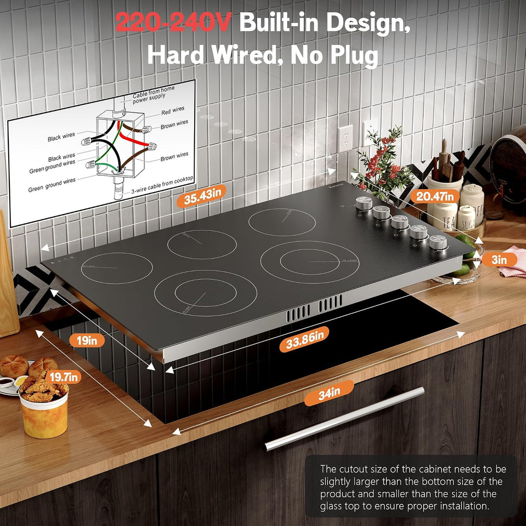 Karinear 36' Electric Cooktop 5 Burners, Knob Control Electric Stove Top, 9 Power Levels, Residual Heat Indicator, 8400W, 40A, 240V Hardwire(Sliver)