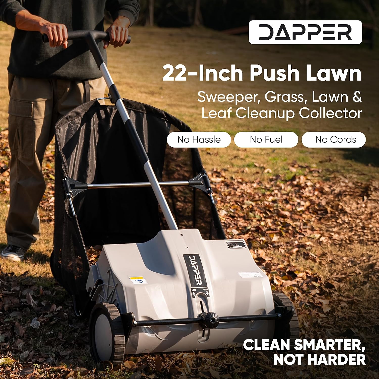 Dapper Supply 22-Inch Push Lawn Sweeper, Grass, Lawn and Leaf Cleanup Collector with Large 3.5 cu. ft. Hopper Bag, Durable Wheels, and Dual Spinning Brushes, Grey