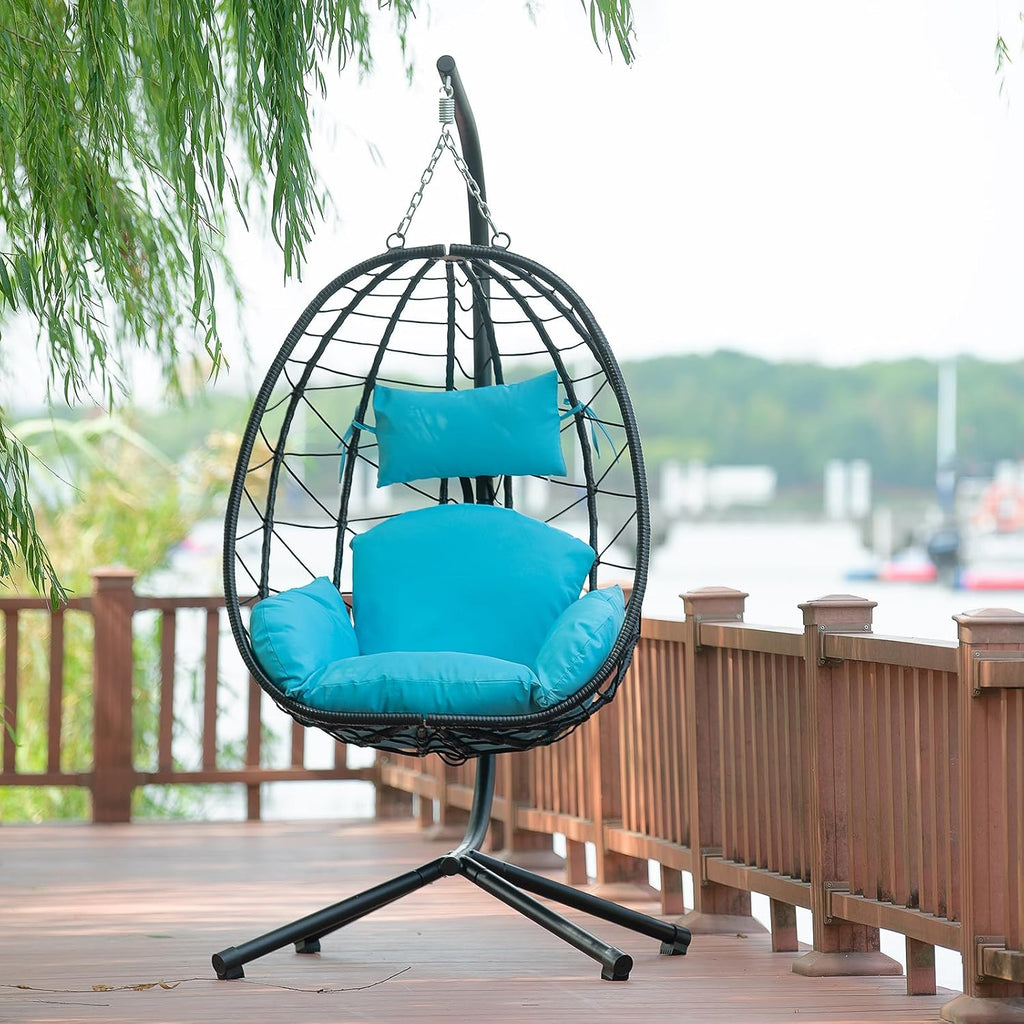 Hanging Egg Chair with Stand, Black Wicker Rattan Swing Egg Chair, Indoor Outdoor Swing Chair for Patio Balcony Porch Bedroom, 350 LBS Capacity (Light Blue)