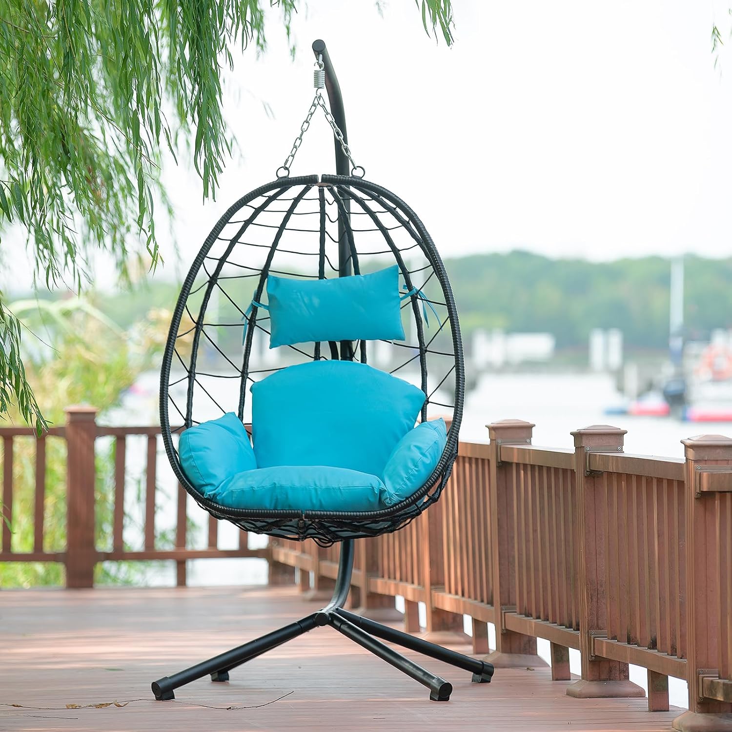 Hanging Egg Chair with Stand, Black Wicker Rattan Swing Egg Chair, Indoor Outdoor Swing Chair for Patio Balcony Porch Bedroom, 350 LBS Capacity (Light Blue)
