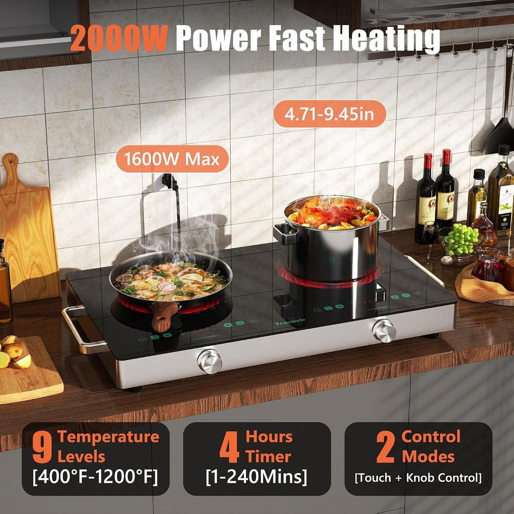 2 Burner Electric Cooktop, Two Burner Electric Stove 24 Inch, Portable Ceramic Cooktop with Handle, SensorTouch & Knob Control, Child Lock, Timer, 9 Power Levels, 110V-120V Plug in, Green