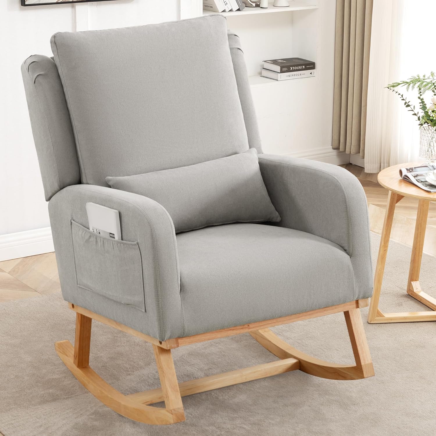 HCHAIRH Rocking Chair Nursery, Upholstered Fabric Nursing Rocking Chairs with Lumbar Pillow, Modern Nursery Glider Rocker Morden Accent Rocking Chair for Mom Nursery, Living Room, Bedroom, Grey