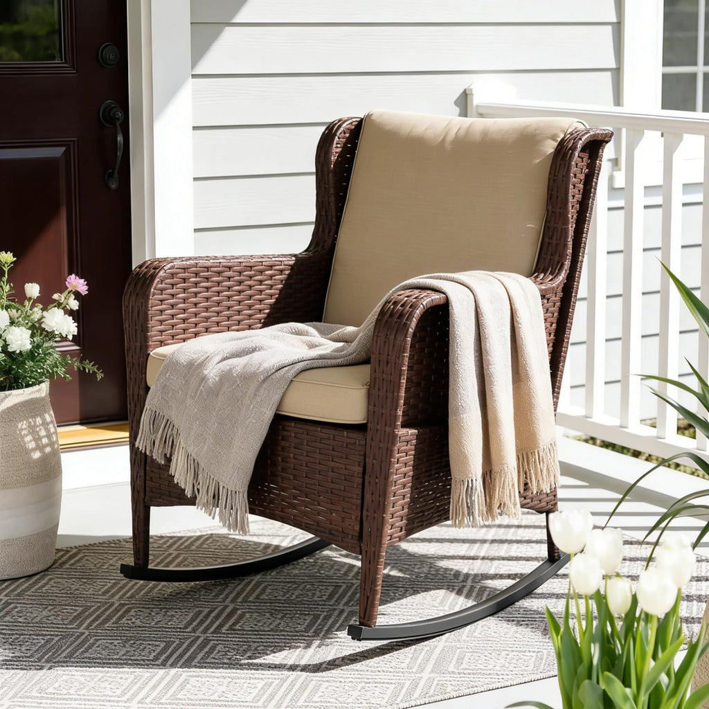 SUNSITT Outdoor Resin Wicker Rocking Chair with Olefin Cushions, Patio Yard Furniture Club Rocker Chair, Brown Wicker & Beige Cushions