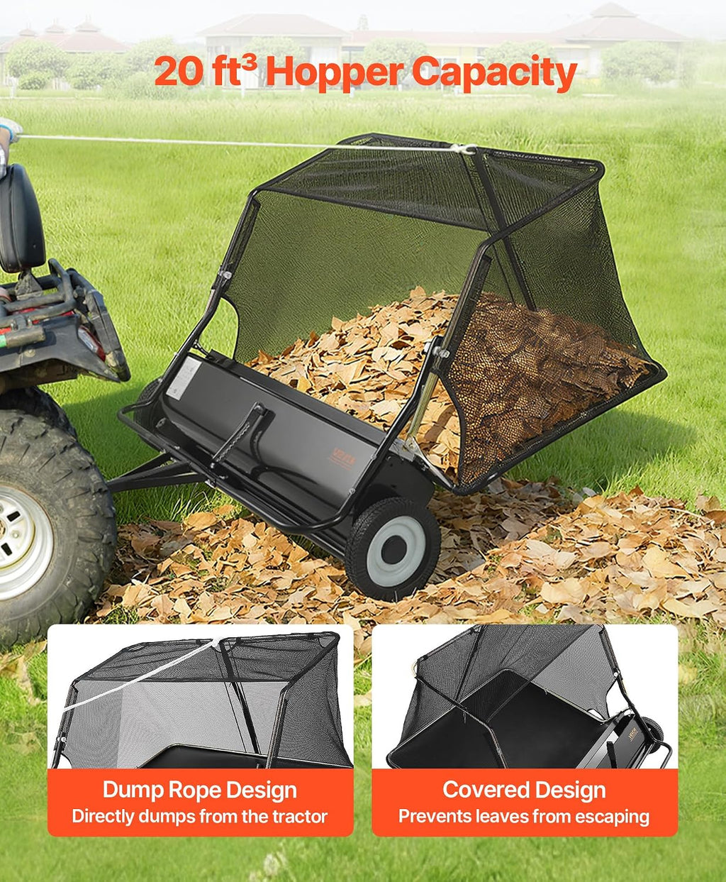 VEVOR Tow Behind Lawn Sweeper, 48 in Pull Behind Yard Sweeper, 26 cu. ft Hopper Bag Capacity, Leaf & Grass Collector with Dumping Rope, Adjustable Sweeping Height, Garden Sweepers for Lawn Farm