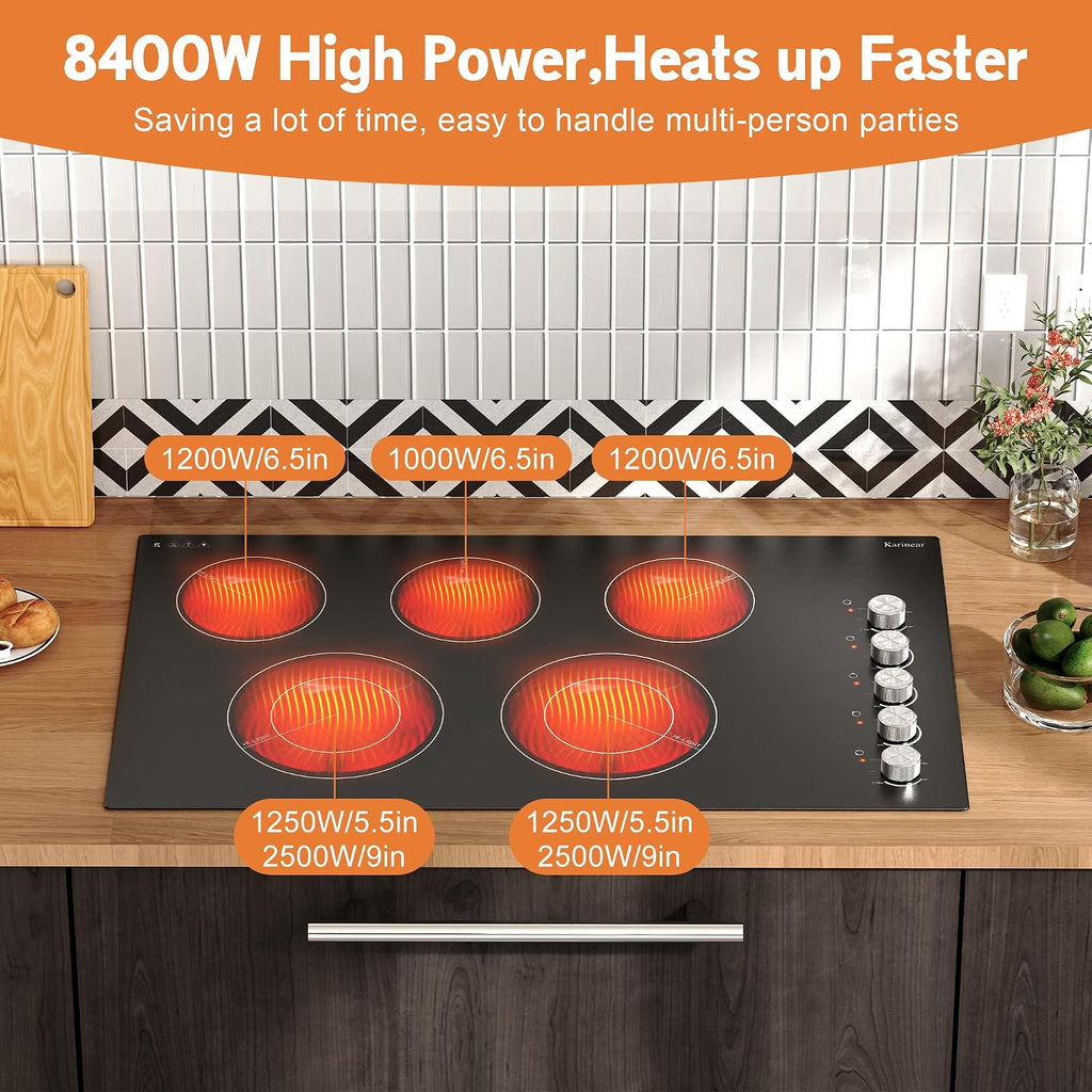 Karinear 36' Electric Cooktop 5 Burners, Knob Control Electric Stove Top, 9 Power Levels, Residual Heat Indicator, 8400W, 40A, 240V Hardwire(Sliver)