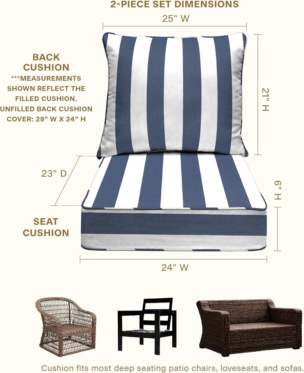 Honeycomb Outdoor Heritage Deep Seat, 24 x 23, Cabana Stripe Blue and White Chair Cushion with Removable Cover, for Patio Furniture