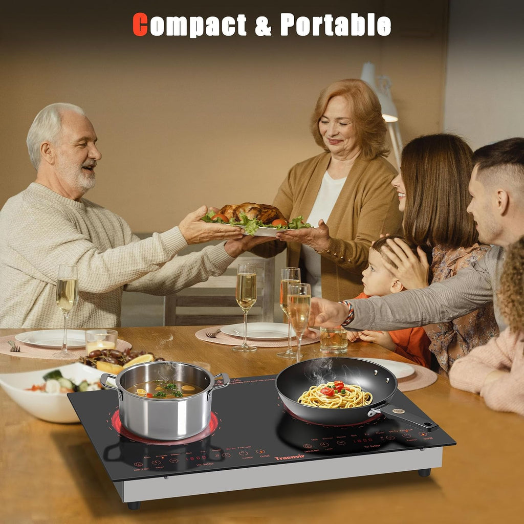 2 Burner Electric Cooktop, Two Burner Electric Stove 24 Inch, 2000W Countertop & Built-in Ceramic Cooktop for Camping, Outdoor, Child Lock, Timer, 8 Power Levels, 110V-120V Plug in, Orange
