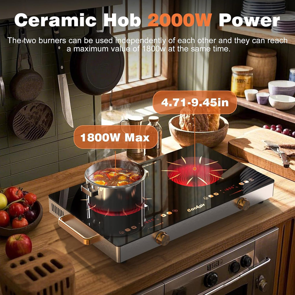 2 Burner Electric Cooktop - 24 Inch Portable Electric Stovetop 110V, 2000W Countertop Tow Burner Ceramic Cooktop with LCD Control Panel, Child Lock, Timer, Knob Control with Plug (Golden)