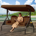 3 in 1 Outdoor Porch Swing with Adjustable Canopy, 3 Seat Outdoor Swing for Adults, Patio Swing Chair with Thickened Cushions,Pillows & Cup Holders for Backyard, Porch, Garden (Brown)