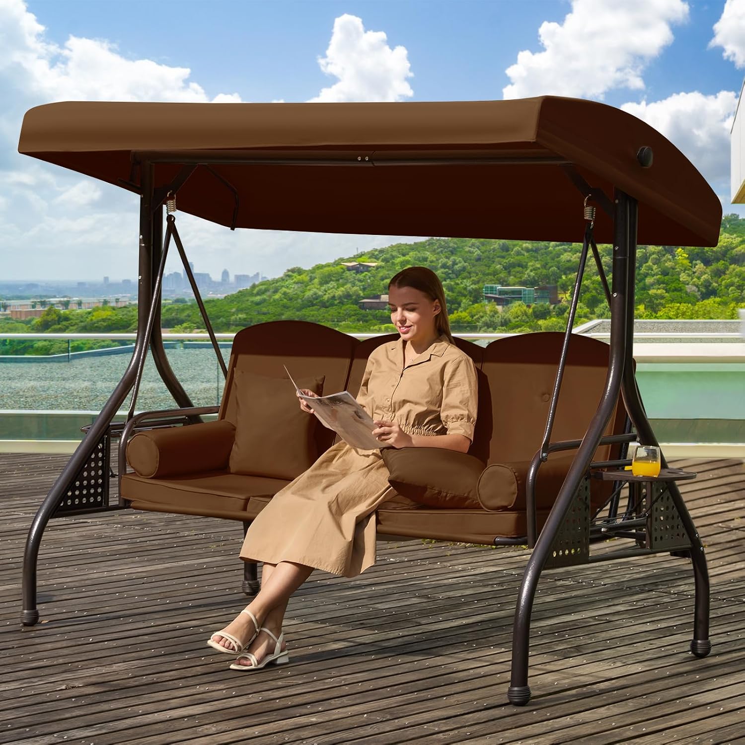 3 in 1 Outdoor Porch Swing with Adjustable Canopy, 3 Seat Outdoor Swing for Adults, Patio Swing Chair with Thickened Cushions,Pillows & Cup Holders for Backyard, Porch, Garden (Brown)