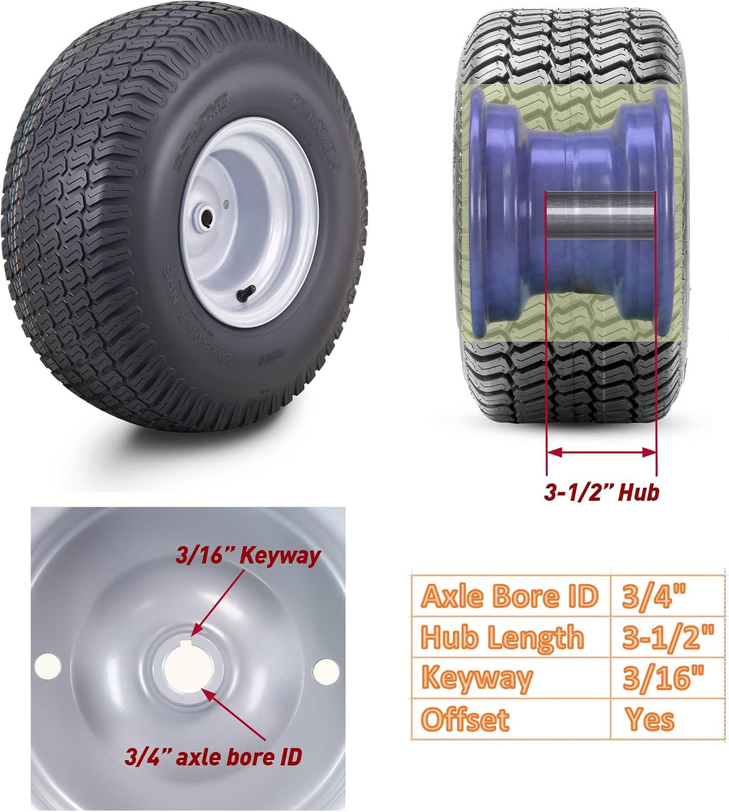 WANDA Lawn Mower Tractor Tire & Wheel 20X8-8 Turf with 3/4' Bushing 3/16' Keyway 3-1/2' offset Hub Silver Wheel-13035,PK2