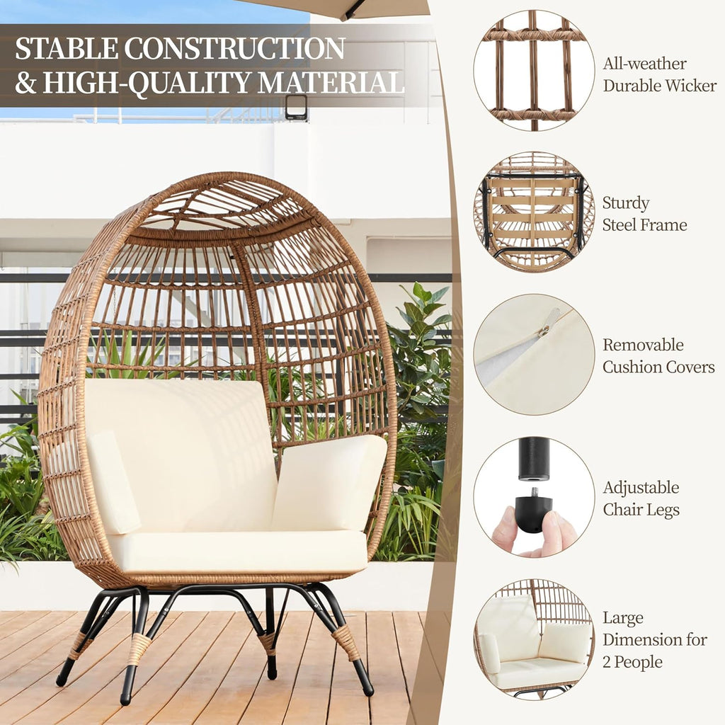 Yaheetech Egg Rattan Chair, Oversized Indoor/Outdoor Egg-Shaped PE Basket Lounger with 4 Cushions, Metal Frame Stand for Patio, Balcony, Backyard, Living Room, Light Brown/Ivory