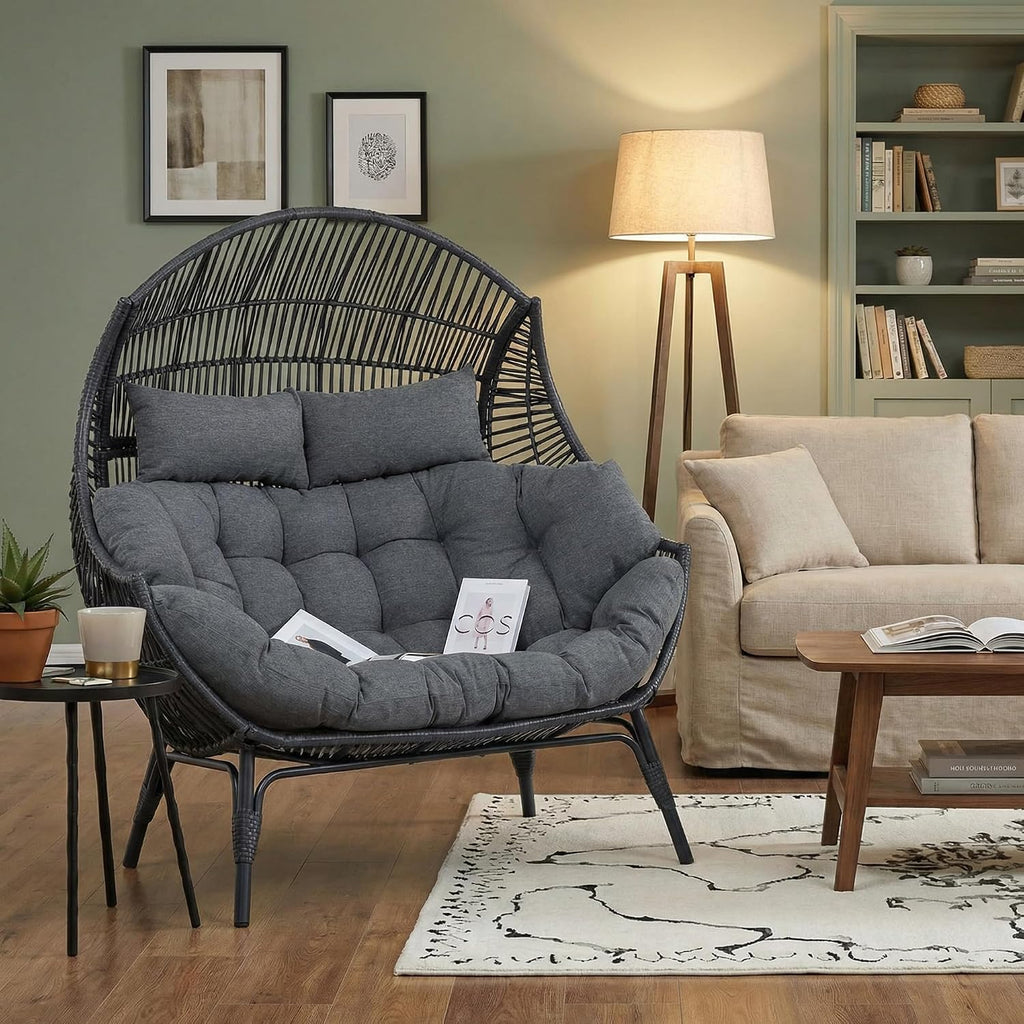 IRONCK Egg Chair Indoor Outdoor, 2 Person Double Egg Loveseat Chair, Oversized Thickened Padded Headrests and Cushions, 680 lbs Wicker Lounge for Balcony, Patio, Garden, Black and Gray