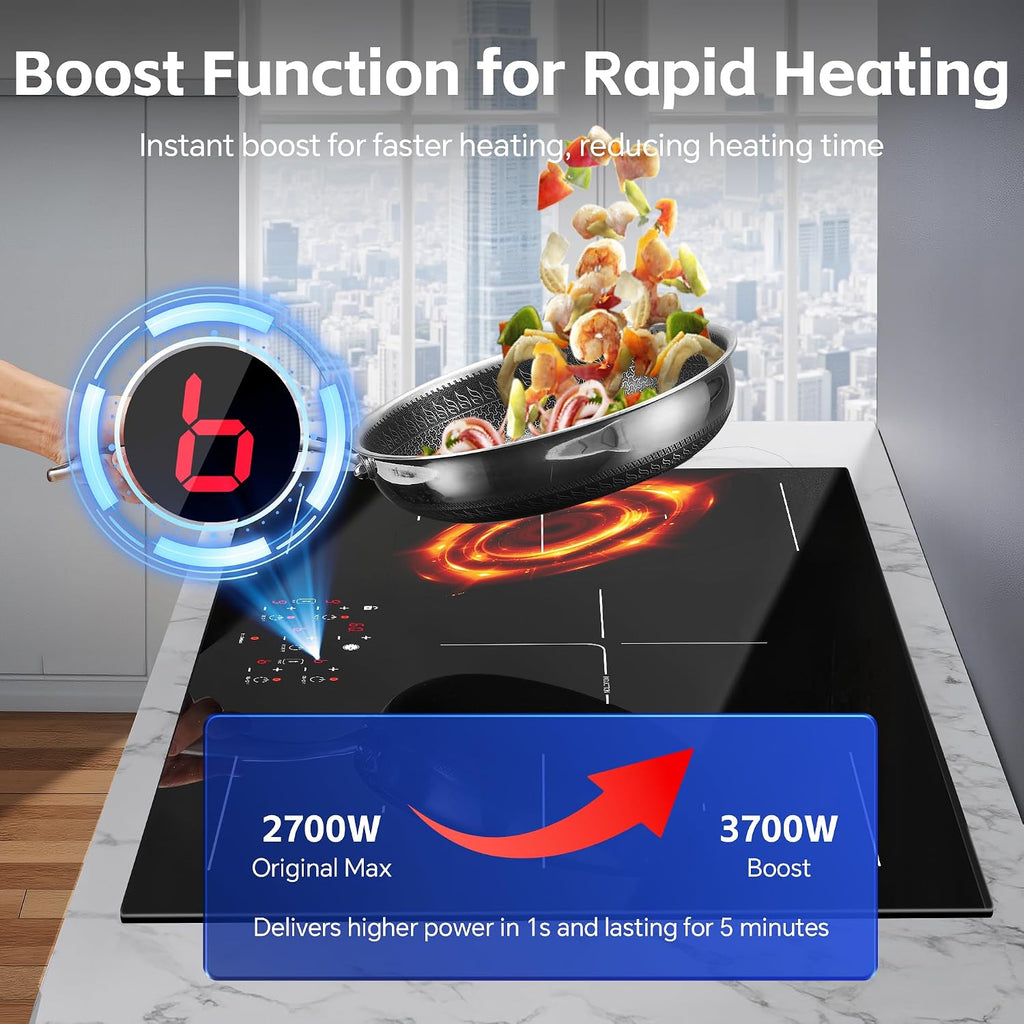36 Inch Electric Induction Cooktop 5 Burners, 10800W Built-in Induction Stove Top with Double Bridge Function, Booster, Timer, Child Lock, Sensor Touch Control, 240V/50A, No Plug