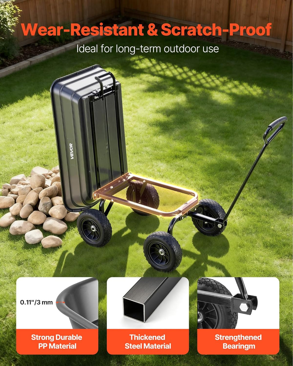 VEVOR 4 Cu.Ft 600LBS Poly Garden Cart Dump Wagon, 4 Wheel Heavy Duty Wheelbarrow with 10' Flat Free Tires, Yard Cart Dump Wagon with Quick-Release System