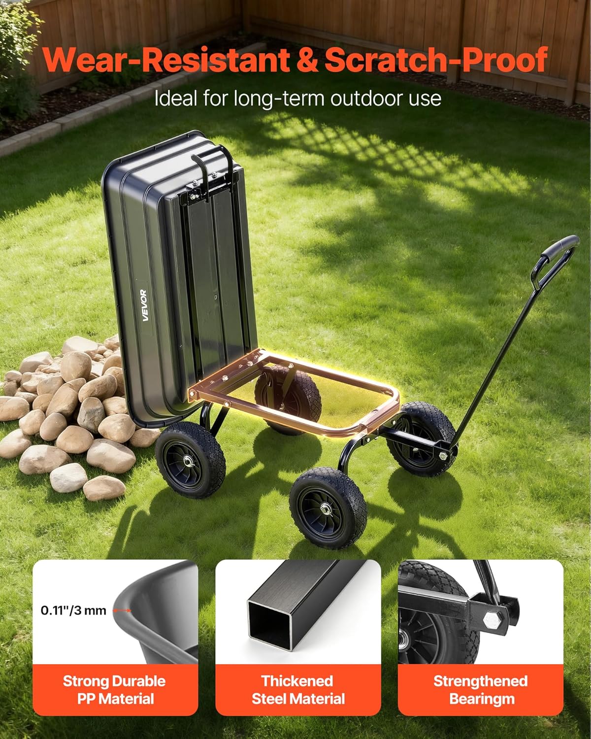 VEVOR 4 Cu.Ft 600LBS Poly Garden Cart Dump Wagon, 4 Wheel Heavy Duty Wheelbarrow with 10' Flat Free Tires, Yard Cart Dump Wagon with Quick-Release System