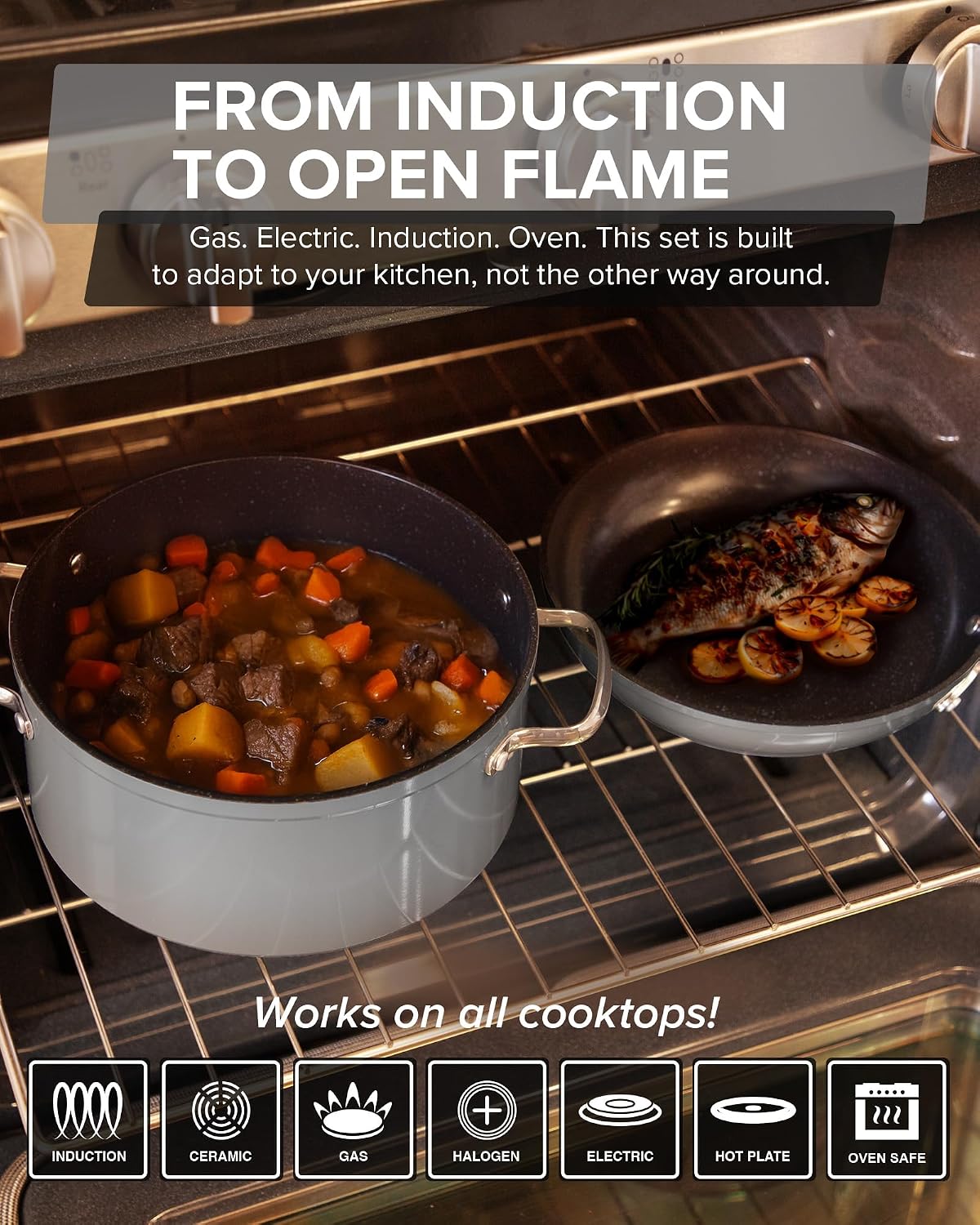 Nuwave Healthy G11-Pots and Pans Set Non Stick, 9H Near-Diamond Hardness Scratch-Resistant, Works on All Stovetops, PFAS Free, with Frying Pans, Saucepans & Glass Lids, Stay-Cool Handles, Cool Gray