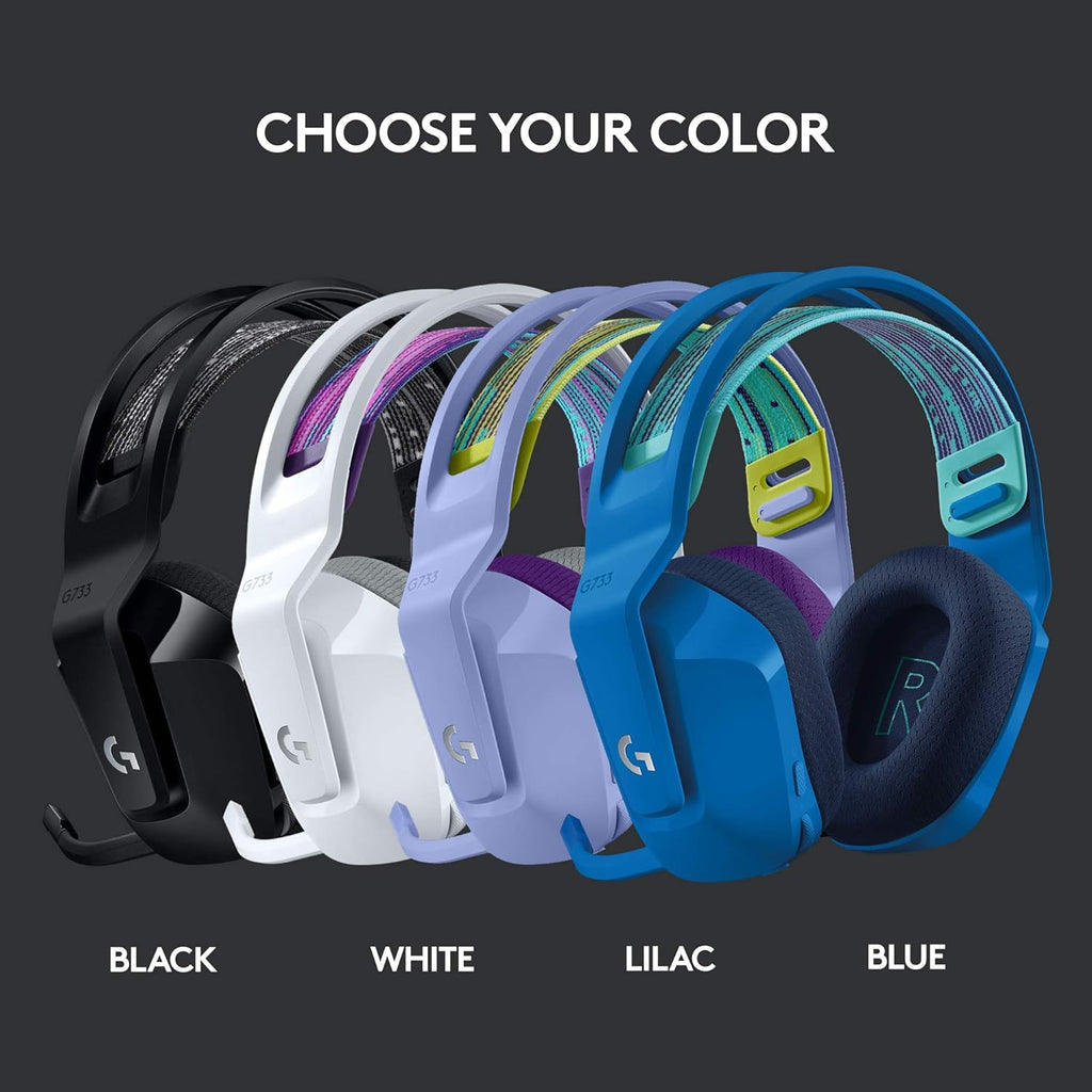 Logitech G733 Lightspeed Wireless Gaming Headset with Suspension Headband, LIGHTSYNC RGB, Blue VO!CE mic Technology and PRO-G Audio Drivers - White