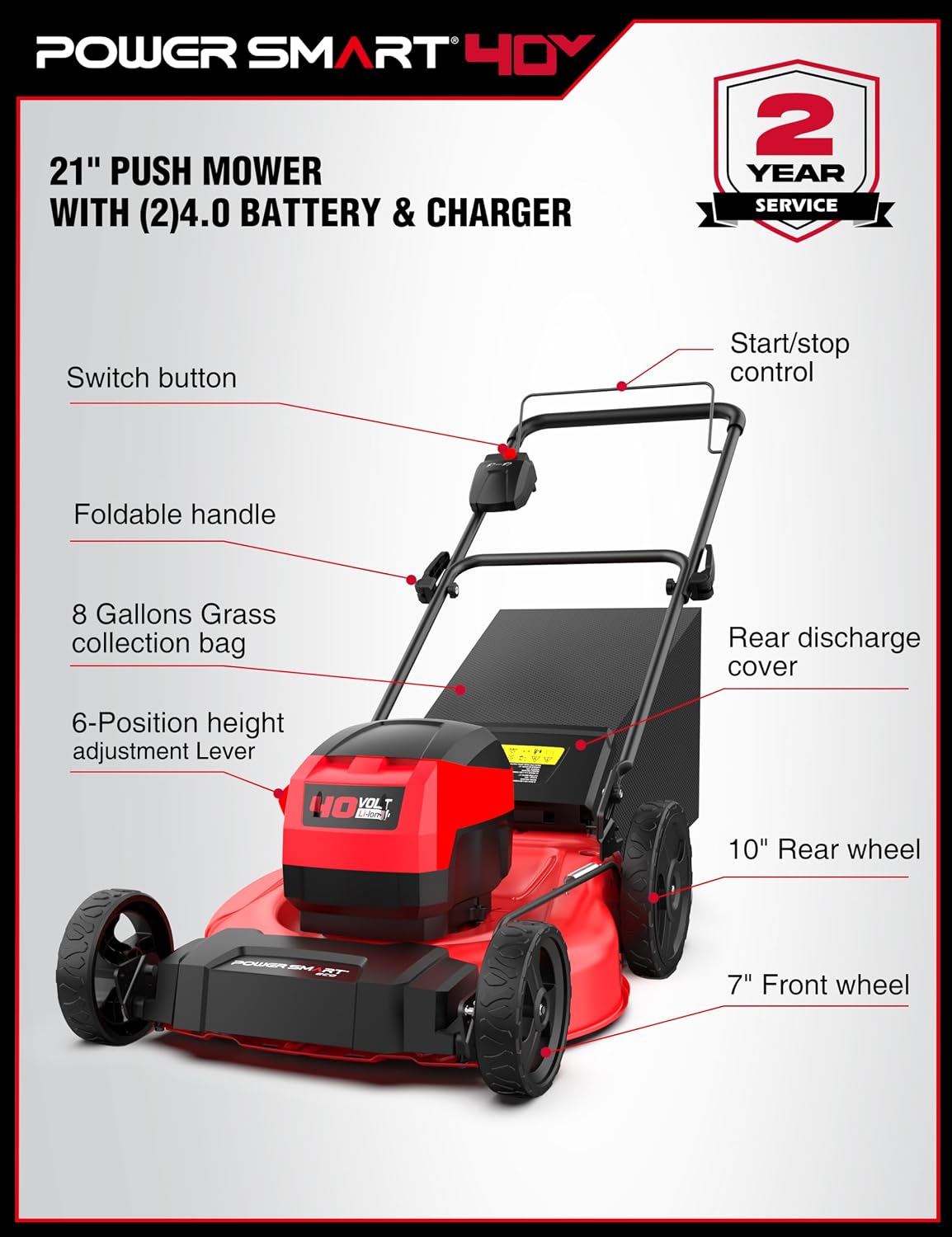 PowerSmart 40V 21' Cordless Lawn Mower, Up to 1/4 Acre, 2 x 40V 4.0Ah Batteries and a Charger Included, 6-Position Height Adjustment