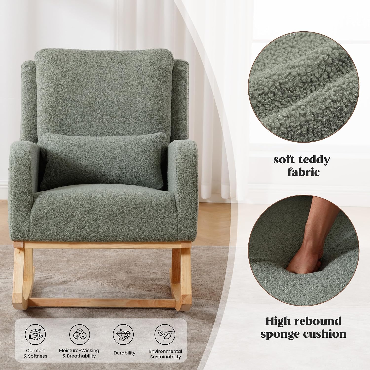 HCHAIRH Rocking Chair Nursery, Teddy Nursing Rocking Chairs, Upholstered Nursery Glider Rocker for Mom Nursery Morden Accent Rocking Chair with Lumbar Pillow for Living Room,Bedroom, Green