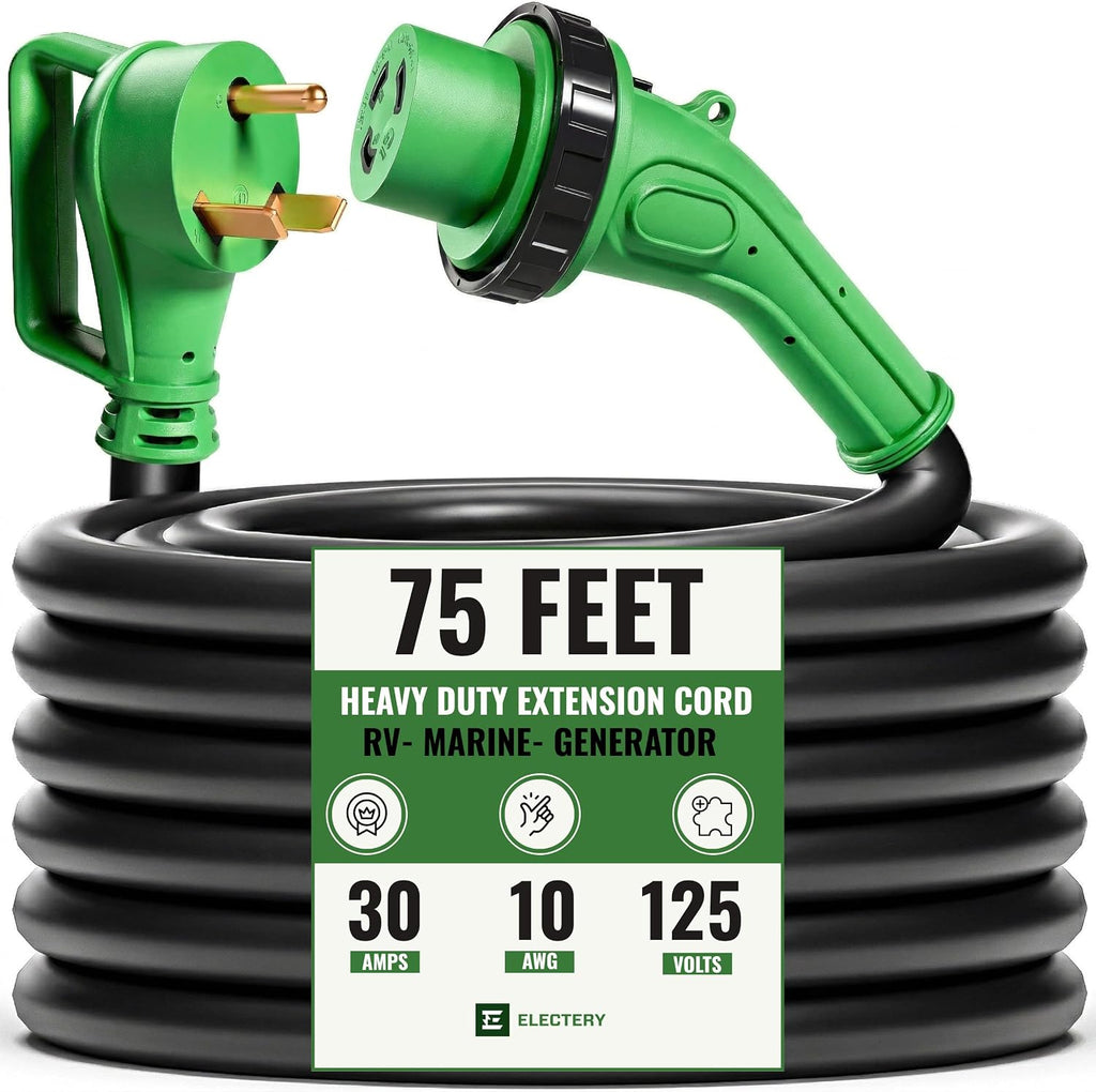 30 Amp Generator Extension Cord 75 FT, TT-30P to L5-30R Twist Lock, LED Power Indicator & Reverse Polarity Light, 10 AWG Heavy Duty RV Shore Power Cord, 90° Grip Handle, for Generator, Camper, Marine