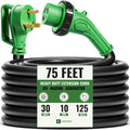 30 Amp Generator Extension Cord 75 FT, TT-30P to L5-30R Twist Lock, LED Power Indicator & Reverse Polarity Light, 10 AWG Heavy Duty RV Shore Power Cord, 90° Grip Handle, for Generator, Camper, Marine