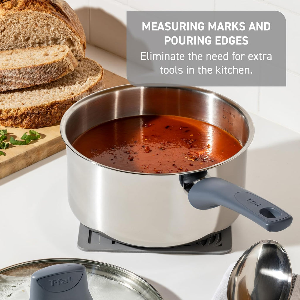 T-fal Essentials Stainless Steel Cookware Set 12 Piece, Induction Compatible, Oven Safe 350F, Cooking Set w/Stewpots, Stockpot, Saucepan, Lids & Tools, Measuring Marks, Dishwasher Safe, Silver/Blue