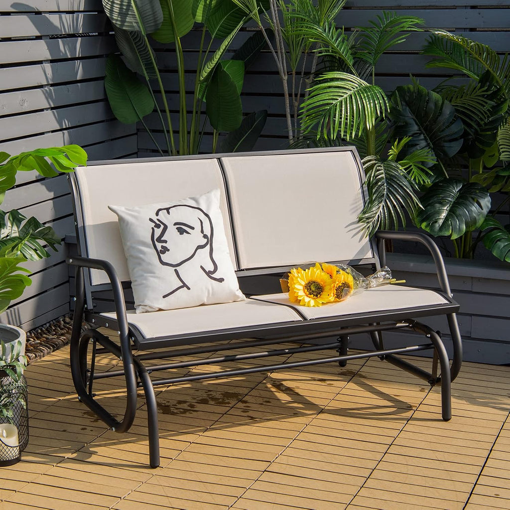 Giantex Swing Glider Chair 48 Inch with Spacious Space, 2 People Swing Lounge Glider Chair Cozy Patio Bench Outdoor & Indoor for Patio, Backyard, Poolside, Lawn Steel Rocking Garden Loveseat (Beige)