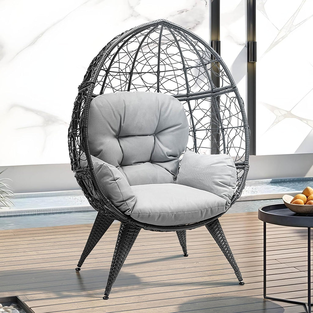 DWVO Oversized Egg Chair with Stand Rattan Outdoor Chairs, Large Lounger Chair with Cushion, Adjustable Leveling Feet, Egg Chair Indoor for Bedroom, Living Room, Outdoor Backyard, Patio, Garden, Grey