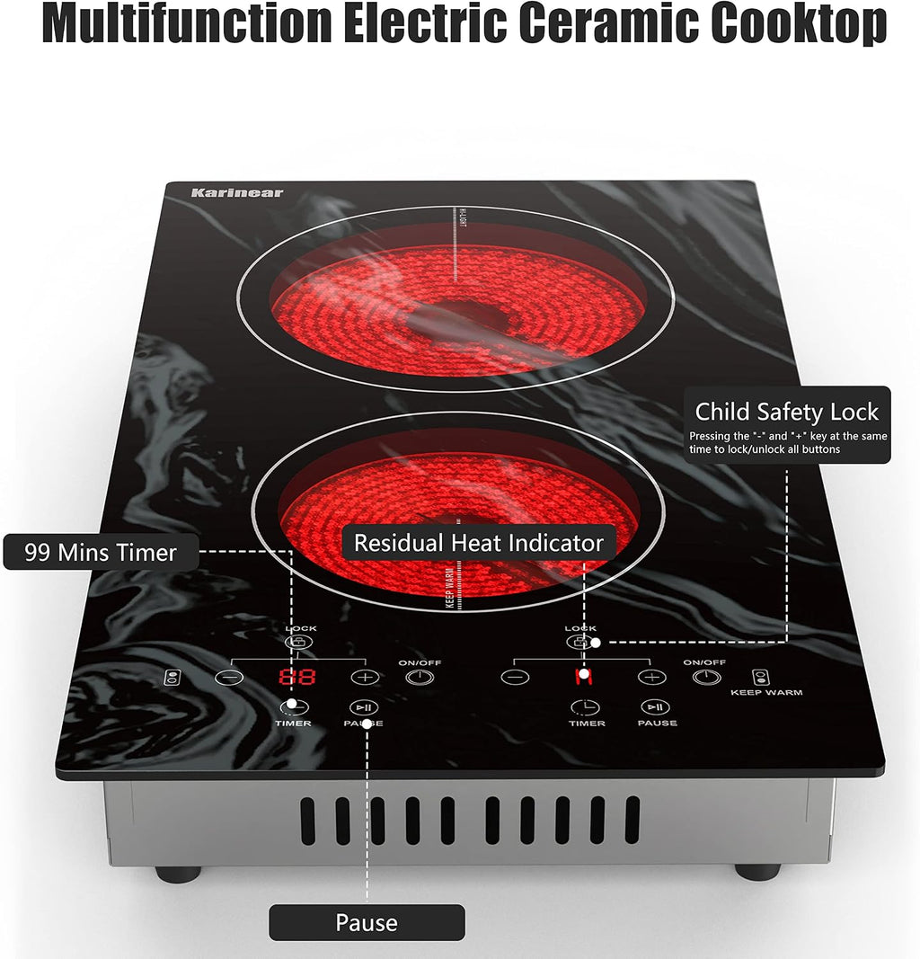 Karinear Portable Electric Cooktop 2 Burners, 110v Plug in Electric Stove Top, Countertop Use or Built-in Install, 12'' Ceramic Cooktop with Beautiful Wave Patterned