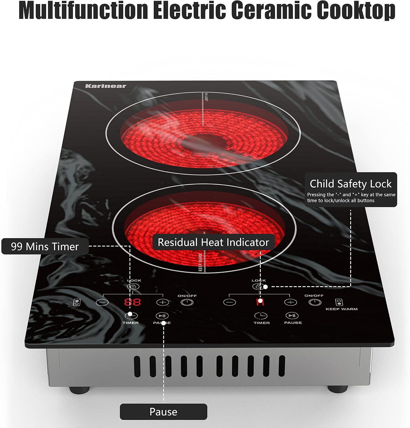 Karinear Portable Electric Cooktop 2 Burners, 110v Plug in Electric Stove Top, Countertop Use or Built-in Install, 12'' Ceramic Cooktop with Beautiful Wave Patterned