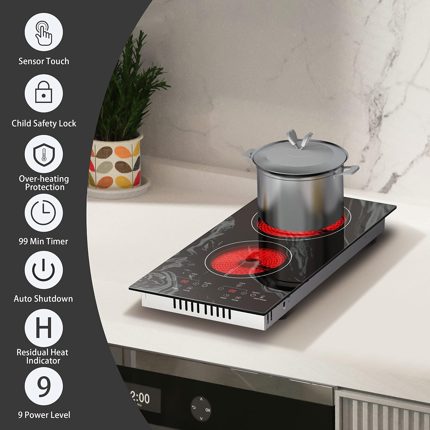 Karinear Portable Electric Cooktop 2 Burners, 110v Plug in Electric Stove Top, Countertop Use or Built-in Install, 12'' Ceramic Cooktop with Beautiful Wave Patterned