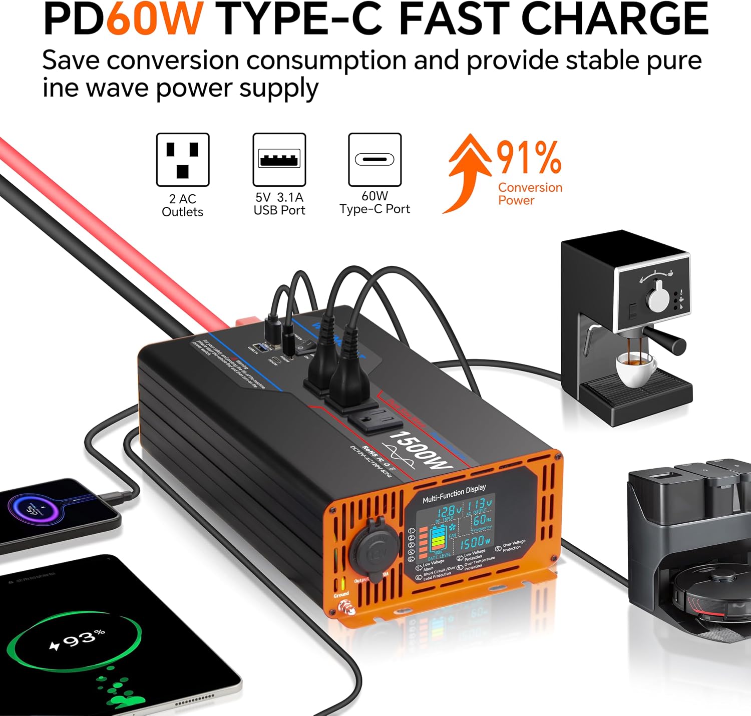 1500W Pure Sine Wave Inverter, Car Power Inverter 12V to 110V 120V, DC to AC Converter Generator with AC Outlets 3.0A USB Type-C, Remote Controller LCD Display Truck Inversor for Vehicles, RV