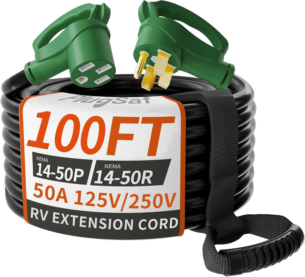 PlugSaf NEMA 14-50P/14-50R 100 FT 50 Amp RV/EV Extension Cord Outdoor with Grip Handle, 4 Prong Flexible Heavy Duty STW RV Power Cord Waterproof, 50A 125/250V 6250/12500W, Black-Green, ETL Listed